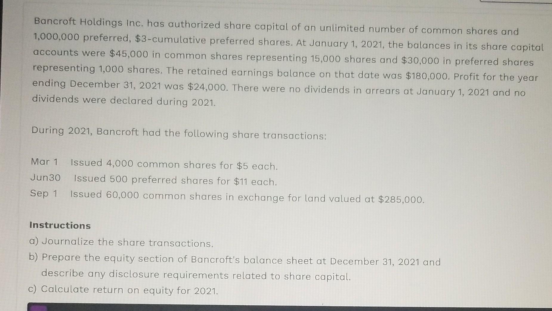 Solved Bancroft Holdings Inc. has authorized share capital