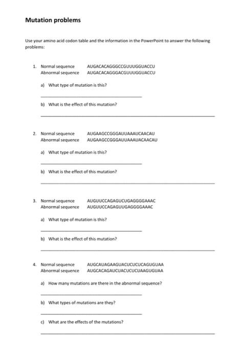 Solved Mutation problems Use your amino acid codon table and | Chegg.com