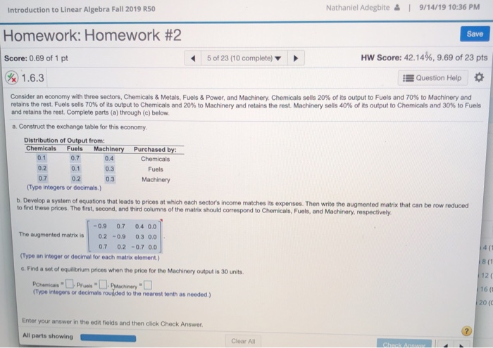 Solved Introduction to Linear Algebra Fall 2019 R50 | Chegg.com