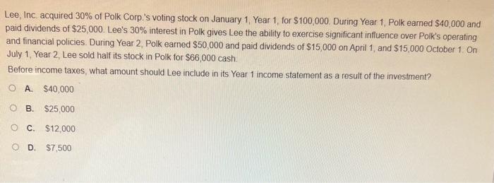 Solved Lee, Inc. acquired 30% of Polk Corp.'s voting stock | Chegg.com