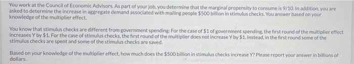 Solved You work at the Council of Economic Advisors. As part | Chegg.com