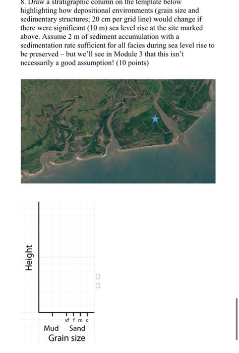 8. Draw a stratigraphic column on the template below highlighting how depositional environments (grain size and sedimentary s