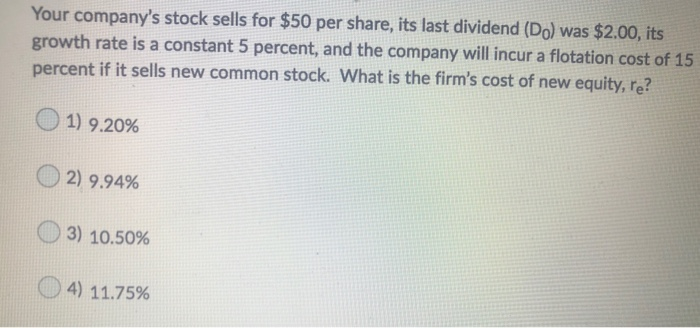 Solved Your Company's Stock Sells For $50 Per Share, Its | Chegg.com