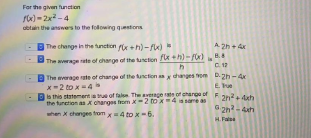 Solved For the given function F(x) = 2x2 - 4 obtain the | Chegg.com