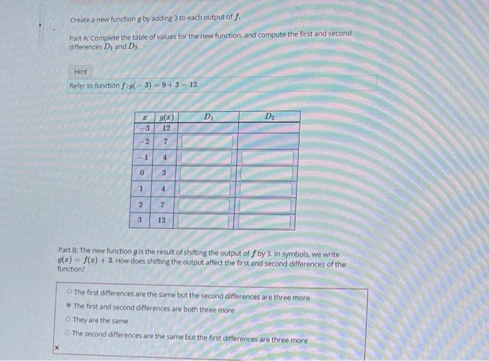 Solved Create a new function g by adding 3 to each output of | Chegg.com