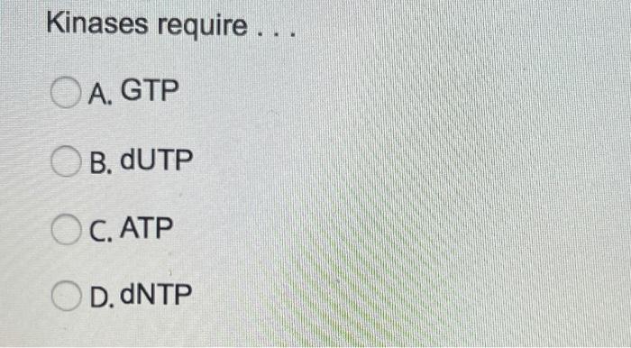 Solved Kinases require ... O A. GTP OB. DUTP ОС, АТР O D. | Chegg.com