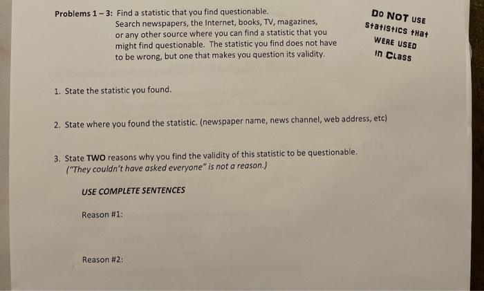 Solved Problems 1-3: Find a statistic that you find | Chegg.com