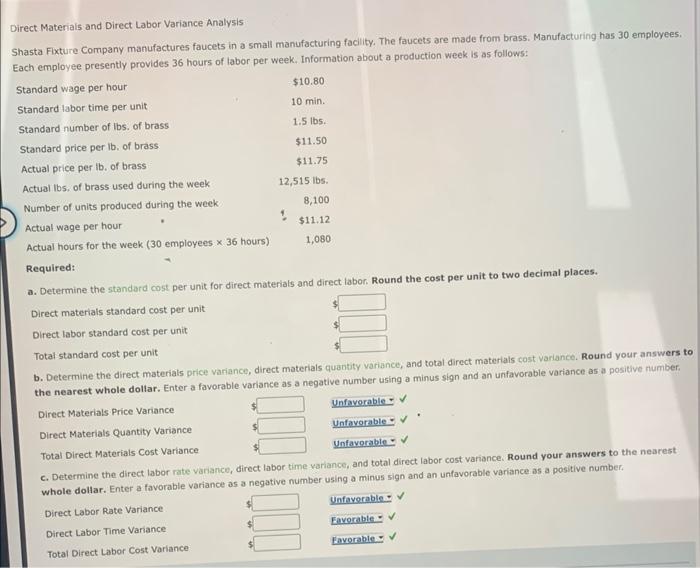 Solved Direct Materials and Direct Labor Variance Analysis | Chegg.com