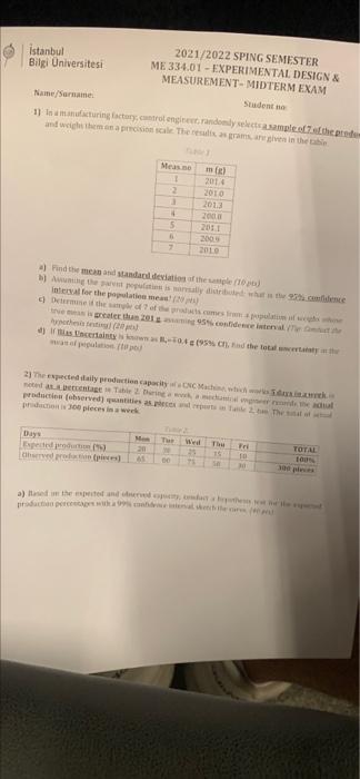 istanbul 2021/2022 SPING SEMESTER Bilgi Üniversitesi ME 334,01 - EXPERIMENTAL DESIGN & MEASUREMENT- MIDTERM EXAM Name/Surname