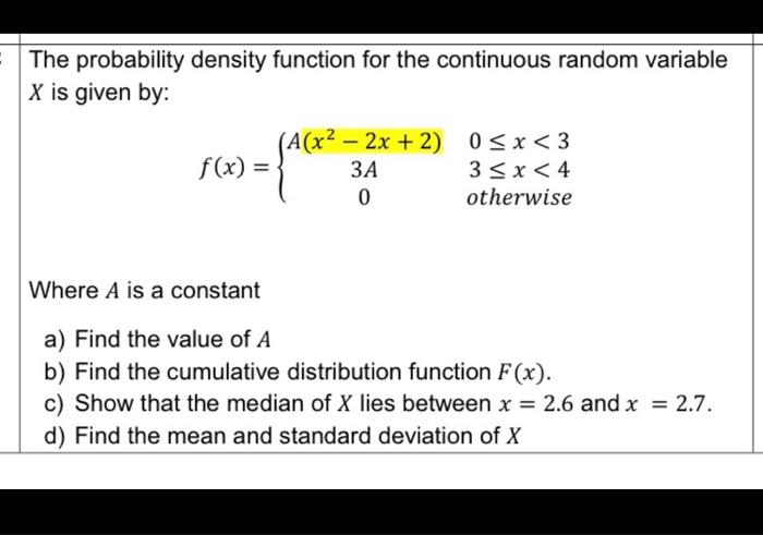 Solved The probability density function for the continuous | Chegg.com