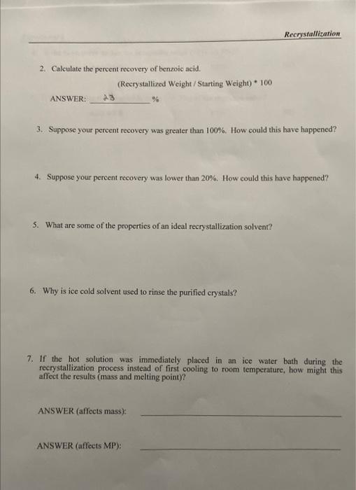 2. Calculate the percent recovery of benzoic acid. | Chegg.com