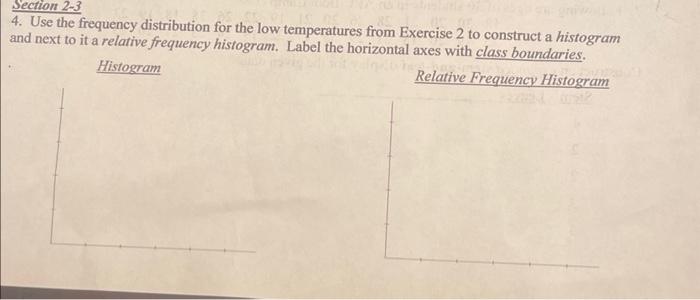 4. Use the frequency distribution for the low temperatures from Exercise 2 to construct a histogram and next to it a relative