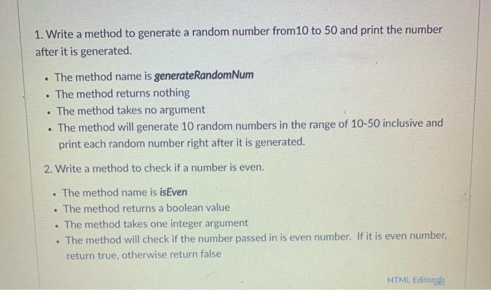 Solved . 1. Write a method to generate a random number from | Chegg.com