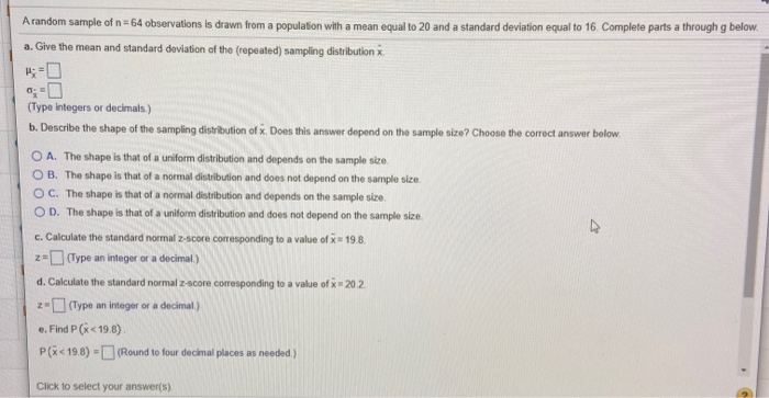 Solved A random sample of n = 64 observations is drawn from | Chegg.com