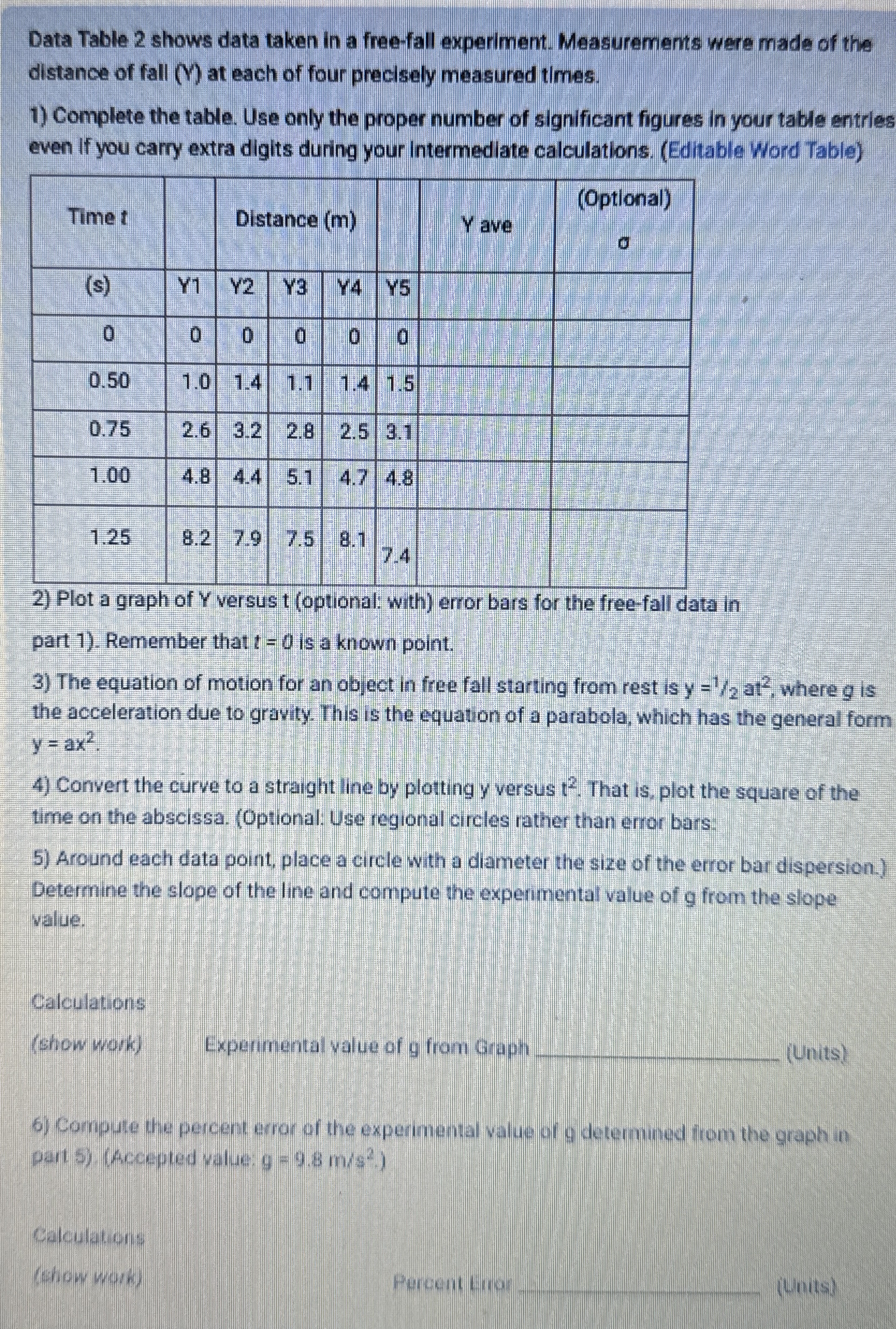 Solved Data Table 2 ﻿shows data taken in a free-fall | Chegg.com