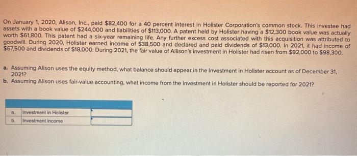 Solved On January 1, 2020, Alison, Inc., paid $82,400 for a