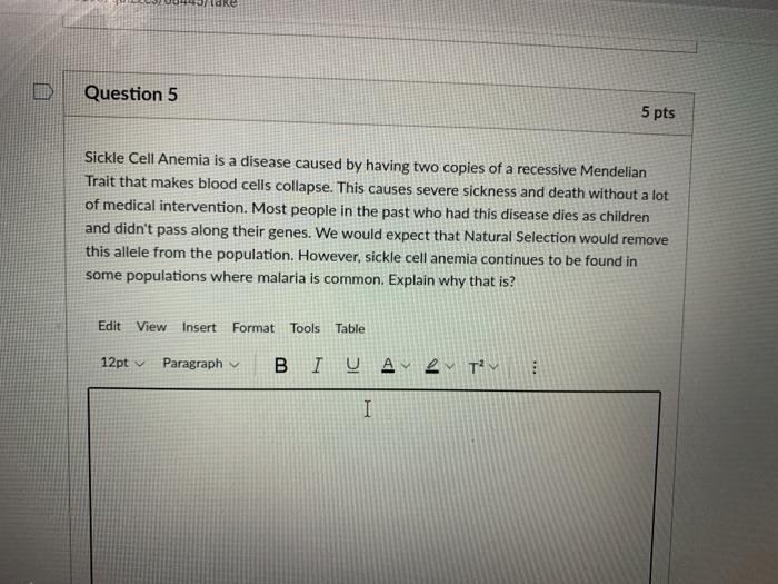 Solved Question 5 5 pts Sickle Cell Anemia is a disease | Chegg.com