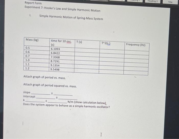 Solved Experiment 7 Hooke's Law and Simple Harmonic Motion