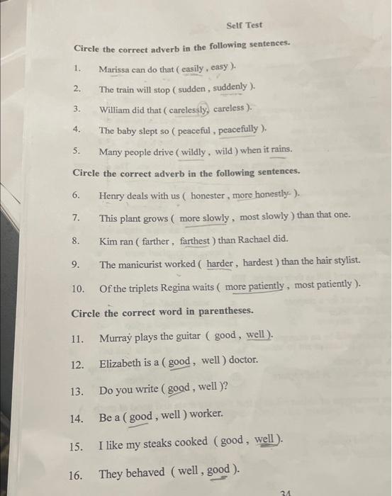 Self Test Circle the correct adverb in the following | Chegg.com