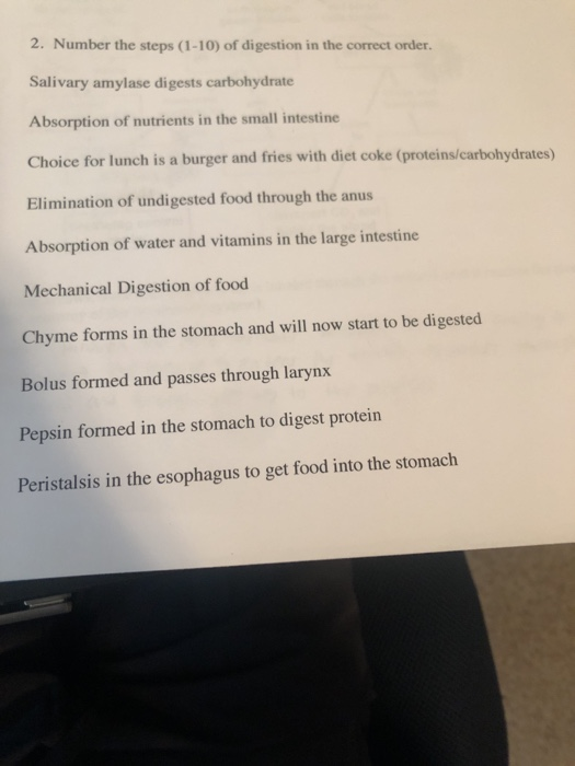 Solved 2. Number the steps (1-10) of digestion in the | Chegg.com