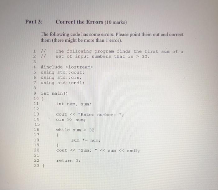Solved Part 3: Correct the Errors (10 marks) The following | Chegg.com
