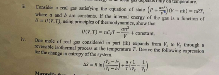 Solved iii. Consider a real gas satisfying the equation of | Chegg.com