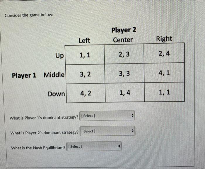 Solved Consider the game below: Player 2 Center Left Right | Chegg.com