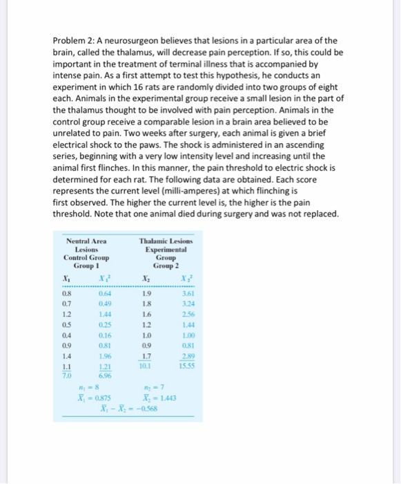 Problem 2: a neurosurgeon believes that lesions in a particular area of the brain, called the thalamus, will decrease pain pe