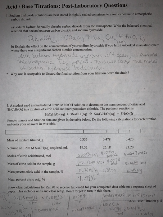 Solved Acid / Base Titrations PostLaboratory Questions 1.
