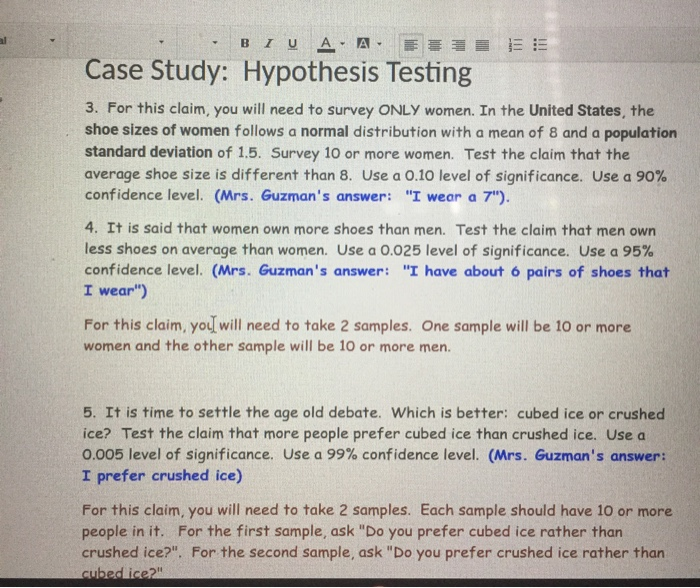 Solved ).docx B I U AA- Case Study: Hypothesis Testing For | Chegg.com