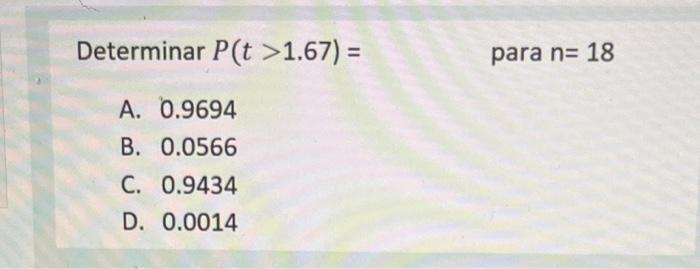 Determinar \( P(t>1.67)=\quad \) para \( \mathrm{n}=18 \) A. \( 0.9694 \) B. \( 0.0566 \) C. \( 0.9434 \) D. \( 0.0014 \)