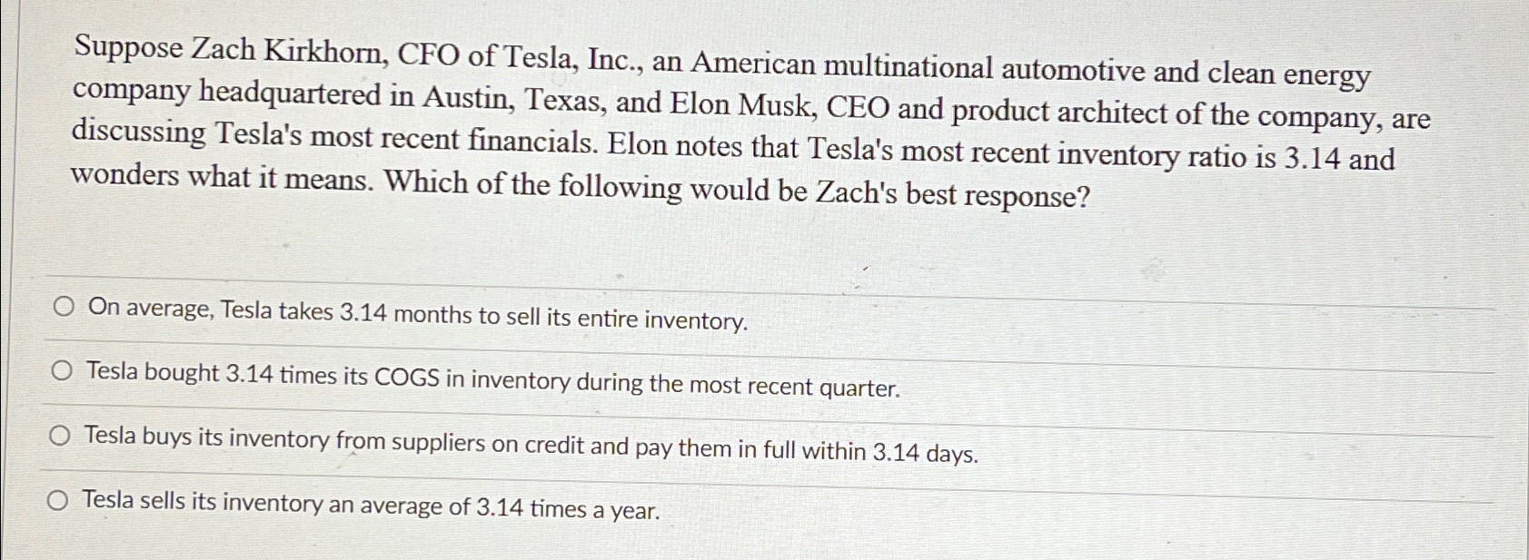 Solved Suppose Zach Kirkhorn, CFO of Tesla, Inc., an | Chegg.com