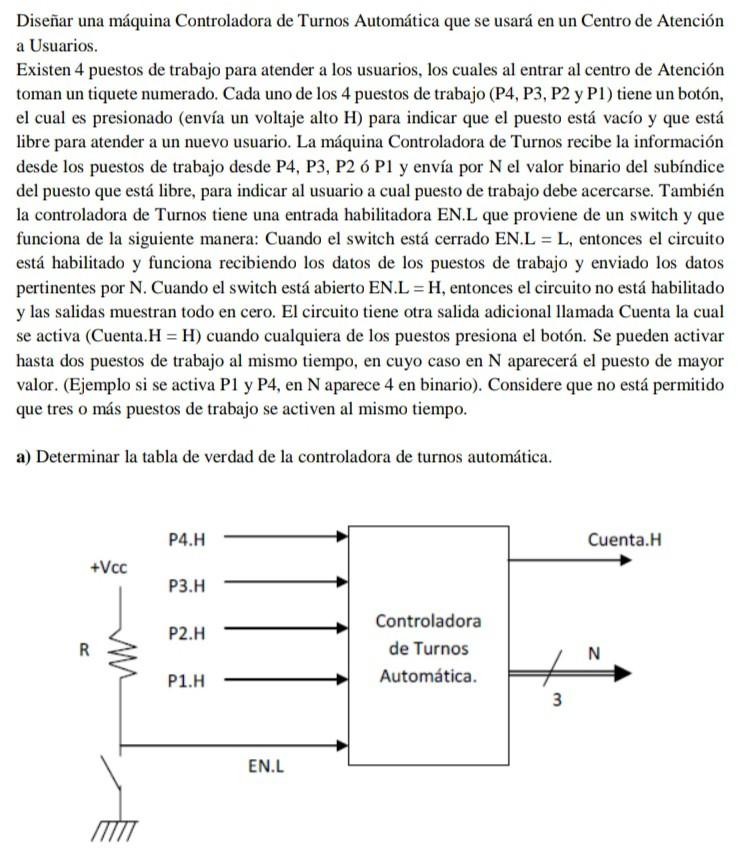 Diseñar una máquina Controladora de Turnos Automática que se usará en un Centro de Atención a Usuarios. Existen 4 puestos de