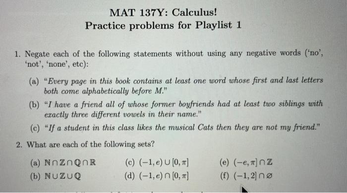 Solved MAT 137Y: Calculus! Practice Problems For Playlist 1 | Chegg.com