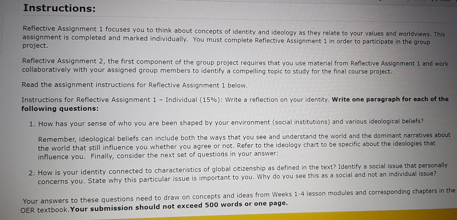 Solved Instructions: Reflective Assignment 1 Focuses You To | Chegg.com