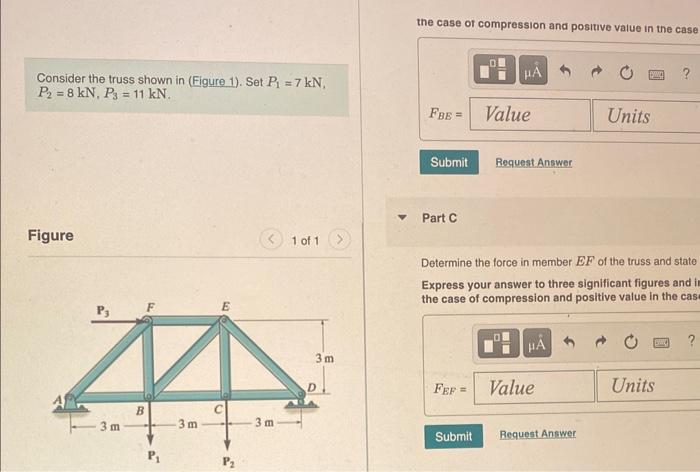 the case of compression and positive value in the case
Consider the truss shown in (Figure 1). Set \( P_{1}=7 \mathrm{kN} \),