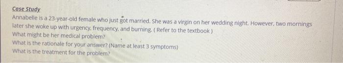 Case Study Annabelle is a 23-year-old female who just got married. She was a virgin on her wedding night. However, two mornin