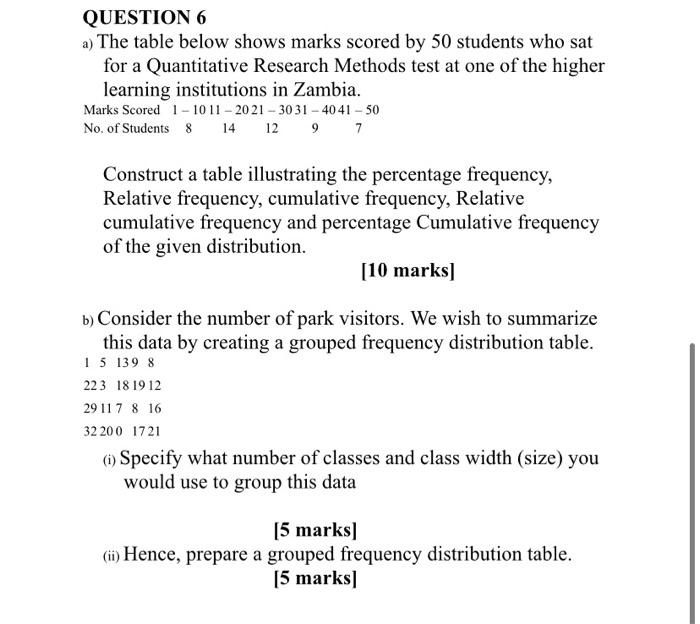 Solved QUESTION 6 a) The table below shows marks scored by | Chegg.com