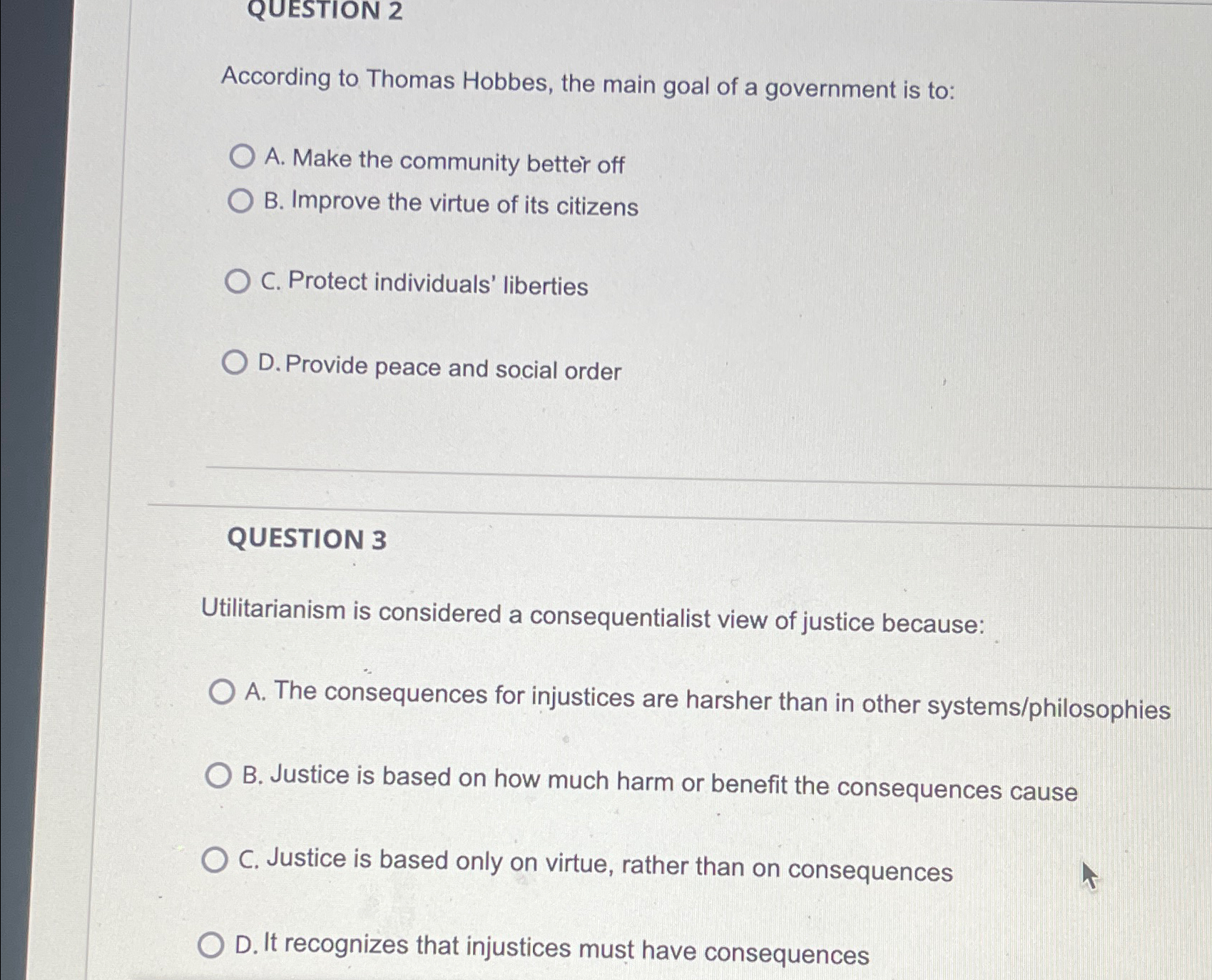 Solved QUESTION 2According to Thomas Hobbes, the main goal | Chegg.com