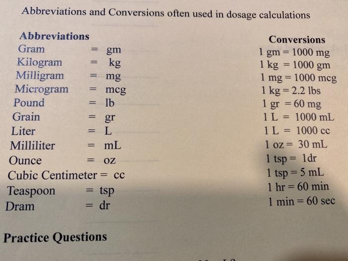 Solved Abbreviations And Conversions Often Used In Dosage Chegg Com