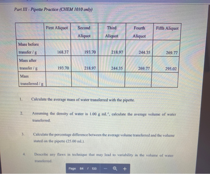 Solved Part III Pipette Practice (CHEM 1010 only) First