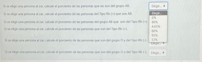 Si se elige una persona al zar, calcule el porciento de las personas que no son del grupo \( A B \). Si se elige una persona