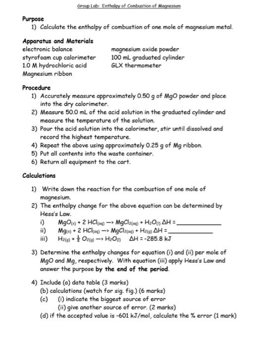 Solved Group Lab: Enthalpy of Combustion of Magnesium | Chegg.com