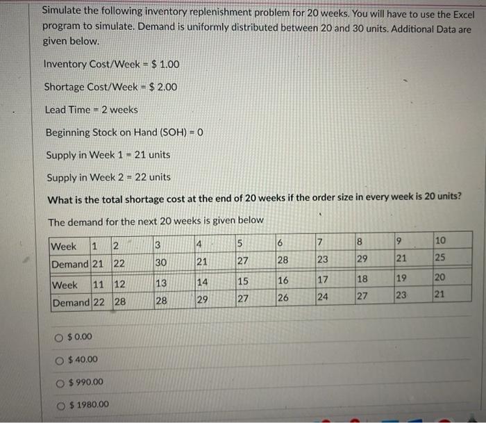 Solved Simulate the following inventory replenishment | Chegg.com