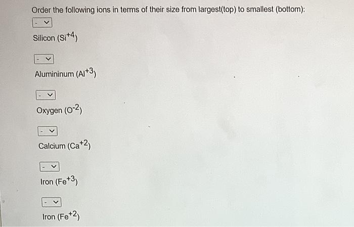Solved Order the following ions in terms of their size from | Chegg.com