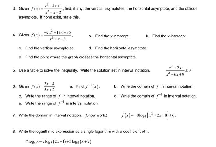 Solved 3 Given Fxx2−x−2x3−4x1 Find If Any The 0501