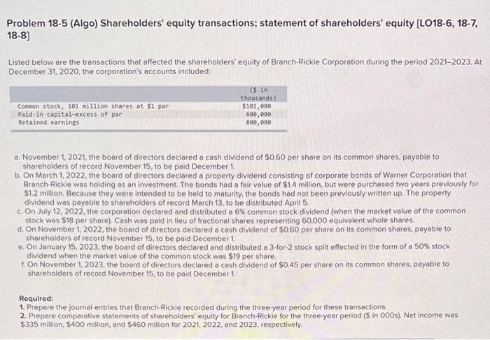 Solved Problem 18-5 (Algo) Shareholders' Equity | Chegg.com