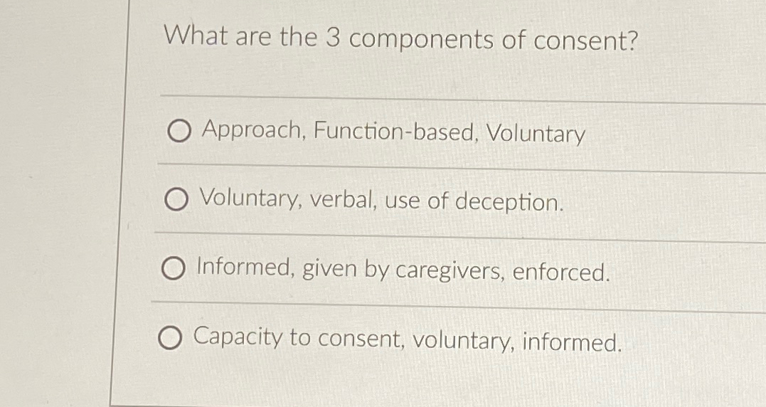 Solved What are the 3 ﻿components of consent?Approach, | Chegg.com