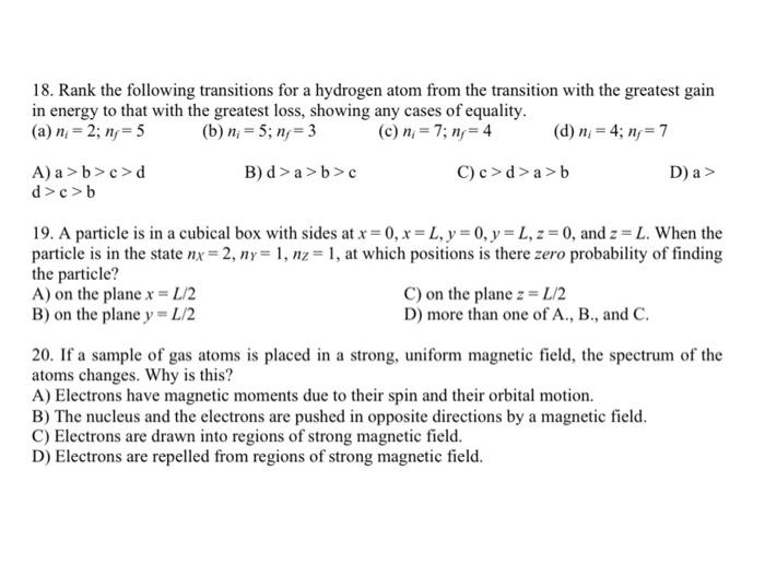 Solved 18 Rank The Following Transitions For A Hydrogen Chegg Com