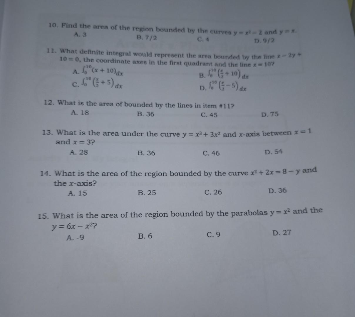 Solved 10 Find The Area Of The Region Bounded By The Curves Chegg Com